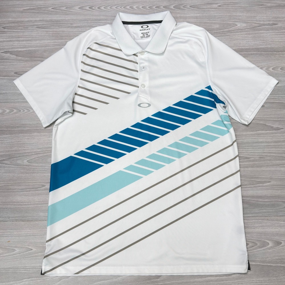 Oakley O-Hydrolix Golf Polo Shirt Mens XL White Blue Striped Regular Fit Graphic